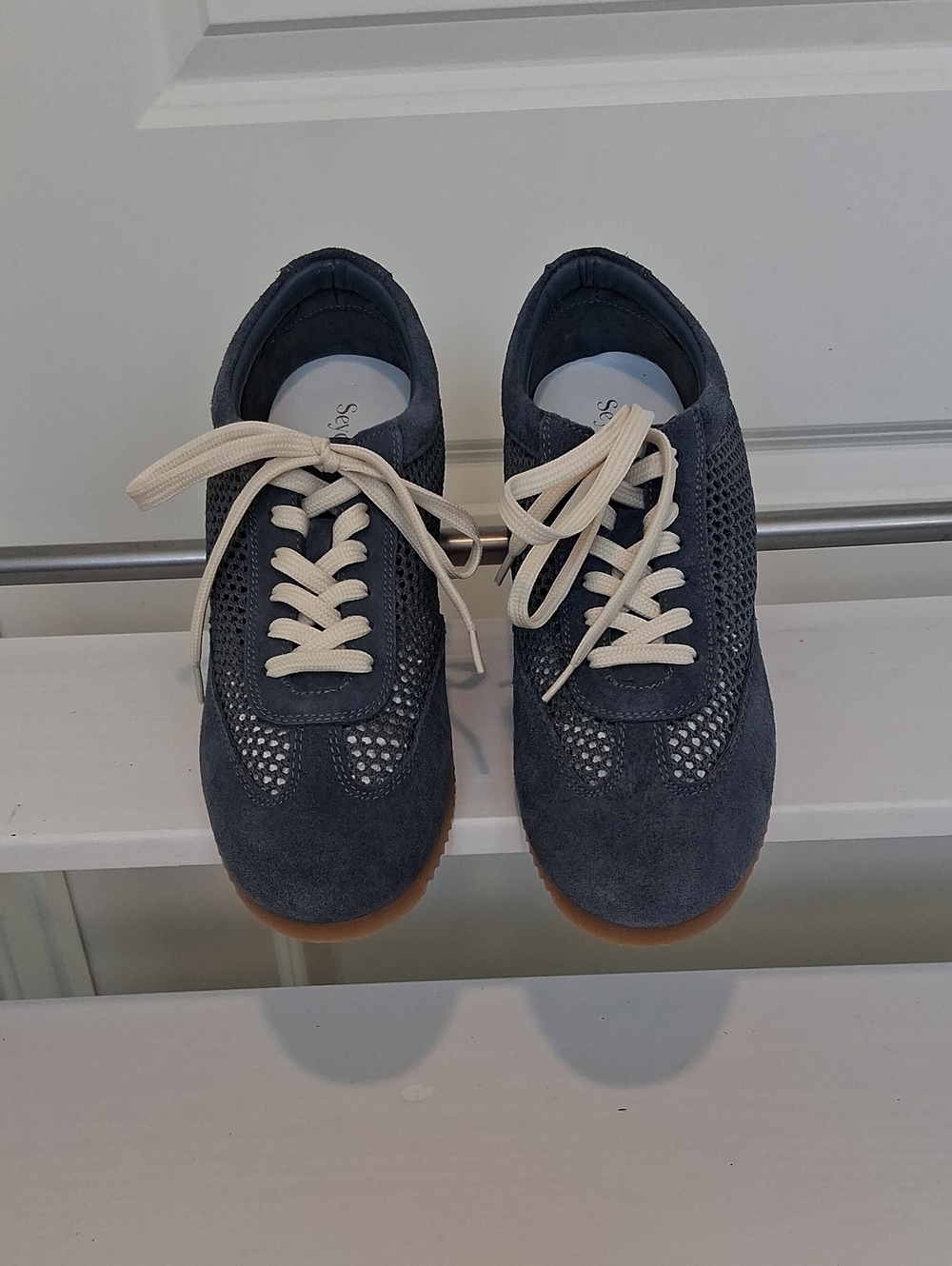 Seychelles Leather Perforated Navy Suede Mesh Casual Sneakers with Cream Laces